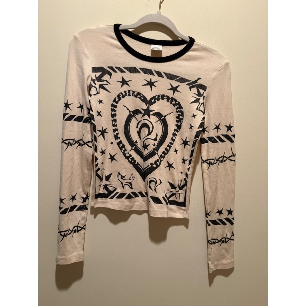 Urban Outfitters Heart Barbed Wire Graphic Long Sleeve Ringer Tee Cream XS
